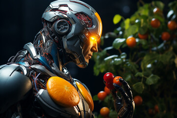 Close up portrait of robot with fruits on dark background. Concept of artificial intelligence.