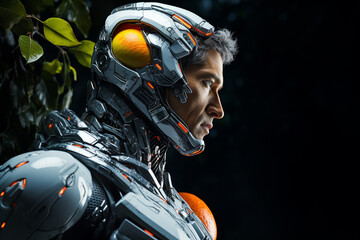 Close up portrait of robot with fruits on dark background. Concept of artificial intelligence.