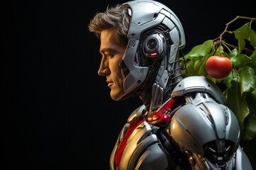 Close up portrait of robot with fruits on dark background. Concept of artificial intelligence.