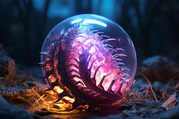 Magic crystal ball on the background of the forest. Fantasy concept.