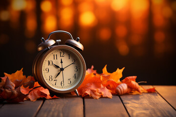 Alarm clock and autumn leaves on wooden table. Time management concept