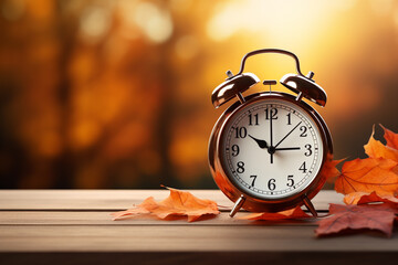 Alarm clock and autumn leaves on wooden table. Time management concept