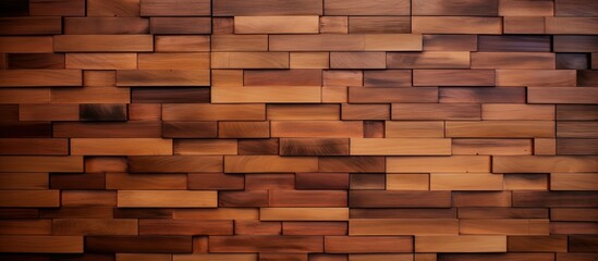 A detailed closeup of a brown hardwood wall constructed with wooden blocks, showcasing intricate brickwork and wood stain finish