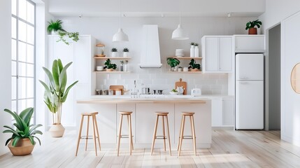 Modern Scandinavian style interior design of kitchen with island and stools. 
