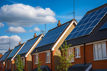 Modern Solar Panels Installed On UK Semi-detached Homes Under Clear Blue Sunny Sky, Solar Photography, Solar Powered Clean Energy, Sustainable Resources, Electricity Source