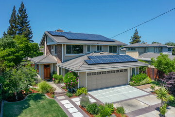 Fototapeta na wymiar Modern Solar Panels Installed On A San Jose Home Under Clear Blue Sunny Sky, Solar Photography, Solar Powered Clean Energy, Sustainable Resources, Electricity Source
