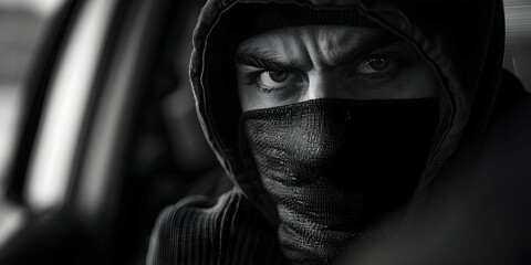 Masked car thief preparing for burglary. Concept Crime, Stealth, Planning, Illegal Activity, Intrigue - obrazy, fototapety, plakaty