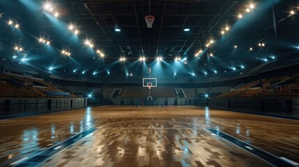 Empty basketball court with flashlights and fans - obrazy, fototapety, plakaty