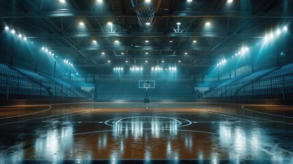 Empty basketball court with flashlights and fans - obrazy, fototapety, plakaty