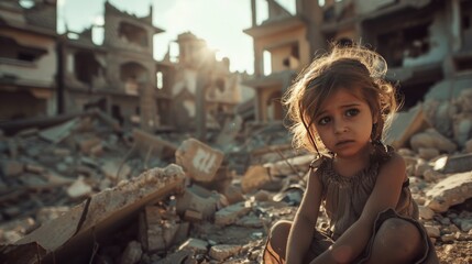 Portrait little girls crying in the ruins of buildings caused by war. AI generated - obrazy, fototapety, plakaty