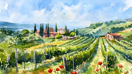 Panoramic view of green valley landscape with brick houses, vineyards, groves, poppies and cypress trees, front view.Watercolor or aquarelle painting illustration.