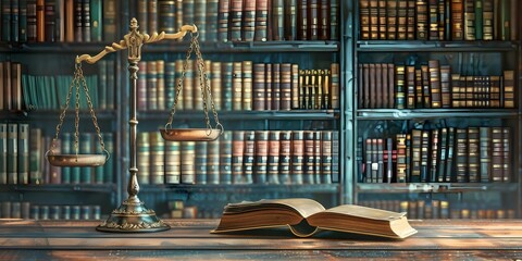 Legal office with gavel scales of justice and bookshelf symbolizing law and order in a modern setting. Concept Legal Office, Modern Setting, Gavel, Scales of Justice, Bookshelf - obrazy, fototapety, plakaty
