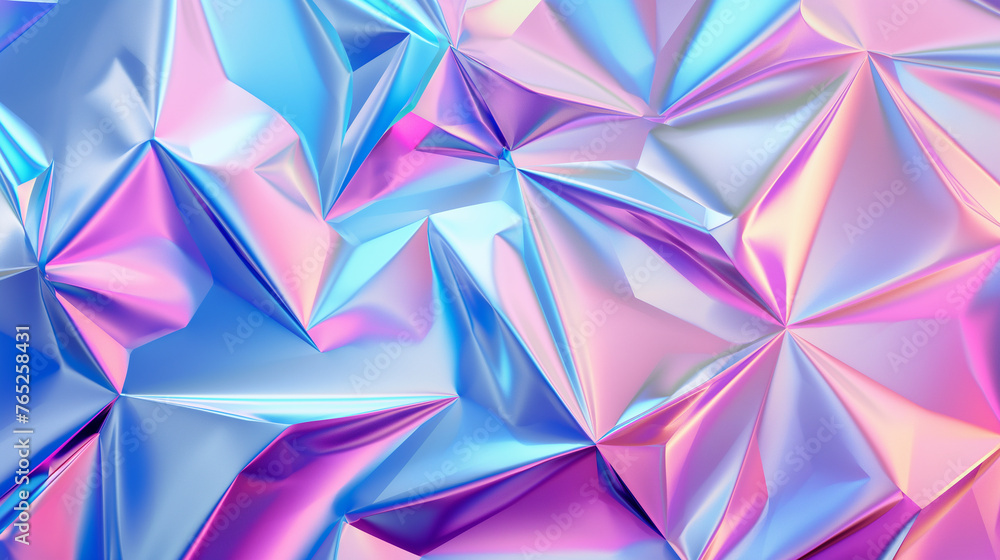Fototapete holographic iridescent satin foil background puple and blue with triangle, abstract background. gene