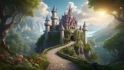 Whimsical Fairytale Castle Nestled In A Lush Enc Upscaled 4 - obrazy, fototapety, plakaty