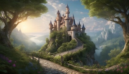 Whimsical Fairytale Castle Nestled In A Lush Enc Upscaled 3 - obrazy, fototapety, plakaty