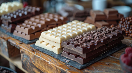 Side view of chocolate bars and nuts arranged in a mouth-watering display, Tempting textures, nuts