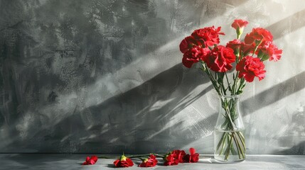 Mother's day with bright red carnation stems in glass vase isolated on concrete texture background with light and shadow. - obrazy, fototapety, plakaty