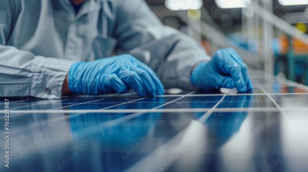 Poster a worker carefully inspecting a freshly assembled solar panel ensuring that all components are secur