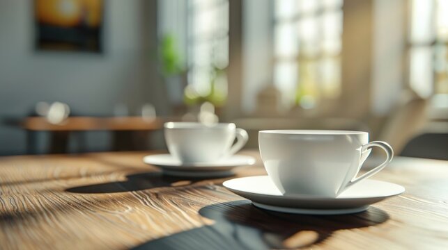 Cups of coffee or tea on the table in the office blurred background. AI generated image