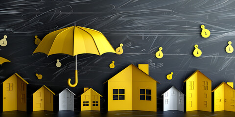 rain on the street, house under yellow umbrella on a minimalist light blue background, House waterproofing concept yellow house under yellow umbrella on a minimalist blue background, rain, street, 