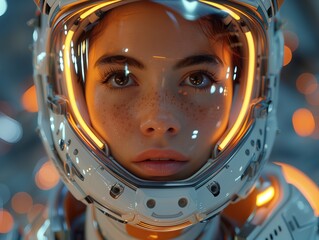 Futuristic Portrait: Woman in White Space Helmet Illuminated with Gold Lighting - obrazy, fototapety, plakaty