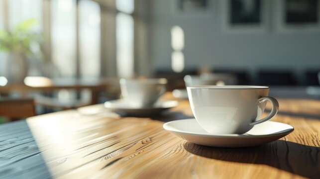 Close up a cup of coffee or tea on the table in the office blurred background. AI generated image