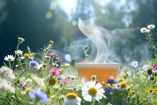 Outdoor Shot Of A Steaming Cup Of Tea Amidst Wildflowers, Tea Beverage Photography, Drinks Menu Style Photo Image