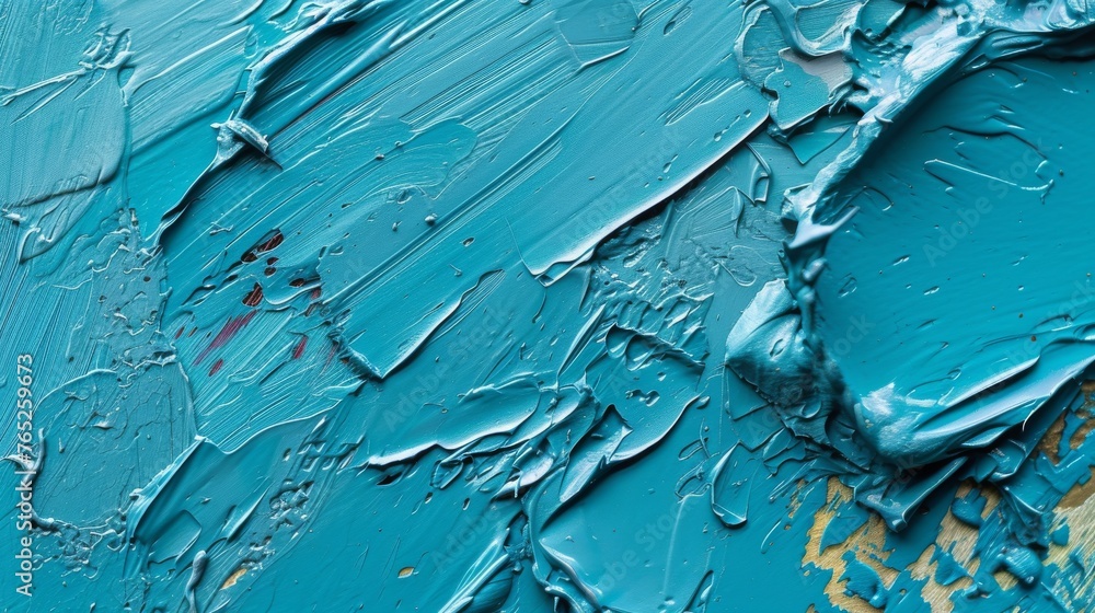 Poster layers of turquoise paint create a textured landscape on canvas, with hints of orange and white addi