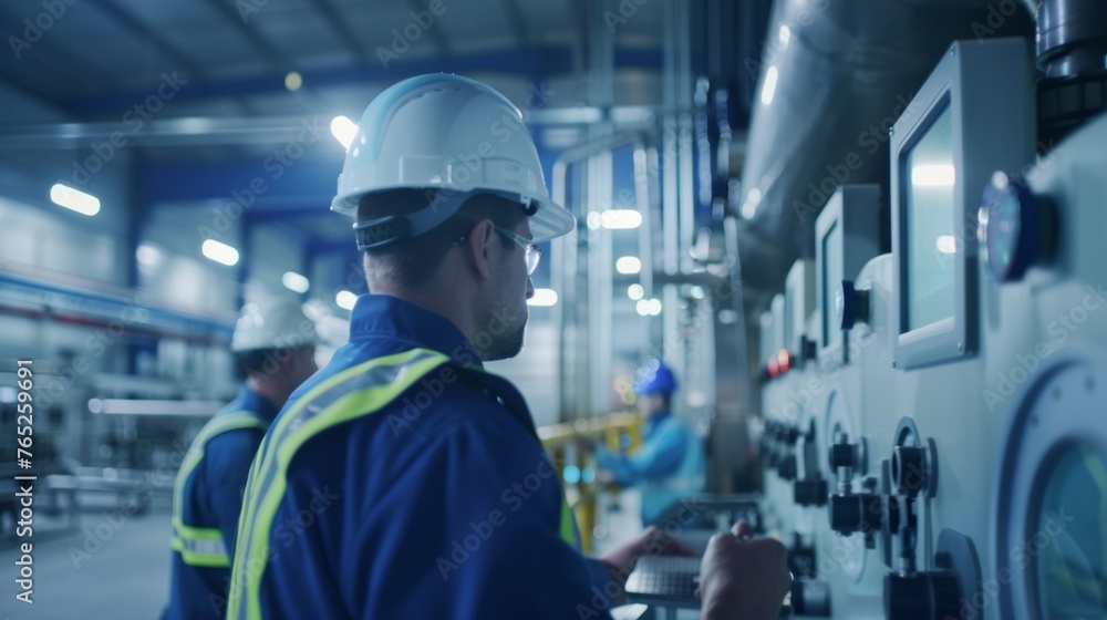 Poster a team of engineers stand in front of a large machine adjusting dials and monitoring screens as it t