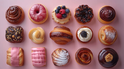 Assortment of Danish pastries on pink background, Top view, Elegant and delicious, Sweet and flaky, great variety of bakes, artisan