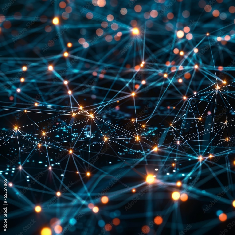 Poster a vivid representation of a network with glowing connections on a blue backdrop symbolizing informat