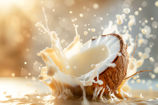Close-Up High-speed Shot Of Coconut Milk Droplet Collision, Splash Food Photography, Food Menu Style Photo Image