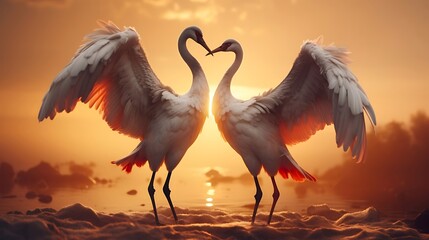 Graceful Courtship: Two Majestic Cranes Performing an Elegant Dance of Love Amidst Nature's Beauty, Engaged in a Delicate Display of Affection