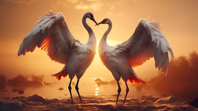 Graceful Courtship: Two Majestic Cranes Performing an Elegant Dance of Love Amidst Nature's Beauty, Engaged in a Delicate Display of Affection