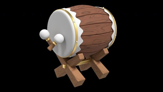 Mosque drum animation for ramadan. Bedug drum 3d animation. 3D drum with sticks. Transparent background with alpha channel