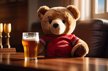 Teddy Bear Football Fan Enjoying Game at Home. dressed in football jersey sits on sofa, beside glass of beer, trophy background, creating cozy and playful atmosphere. European football Championship