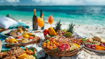 A picnic on the beach with the ocean as the backdrop featuring a spread of fresh seafood fruits and...