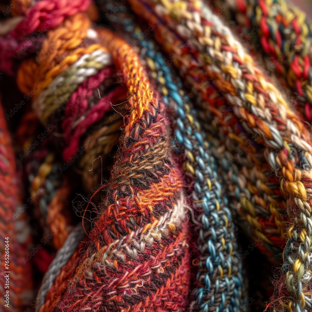Poster a close-up of intertwined multicolored yarns with a focus on the intricate textures and vibrant hues