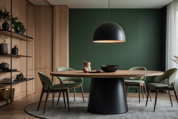 Modernes Esszimmerdesign mit runder Tischplatte und minimalistischer Ästhetik - obrazy, fototapety, plakaty