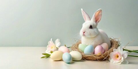 Easter Bunny with Colorful Eggs and Springtime Decorations, holiday, Easter Flowers, Spring, Easter, greeting card, easter, holiday, Easter Bunny