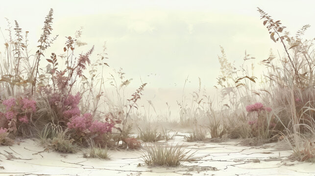 Sandy Beach With Pink Flowers
