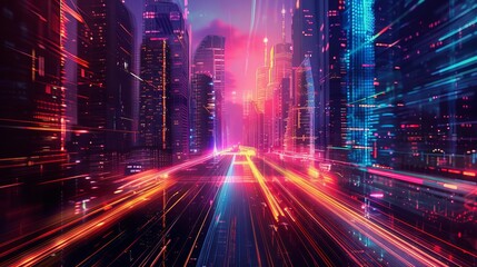 Abstract speed light trails through futuristic city with glowing neon skyscrapers, digital art