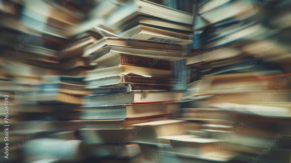 Poster blurred stack of open books creating abstract textured background, education concept photo