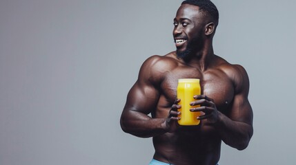 black athletic guy smiling and holding a glass of sports drink on a studio background - obrazy, fototapety, plakaty
