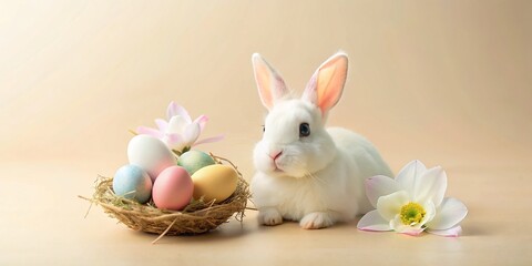 Naklejka na ściany i meble Bunny Rabbit with Colorful Easter Egg Basket, holiday, Easter Flowers, Spring, Easter, greeting card, easter, holiday, Easter Bunny