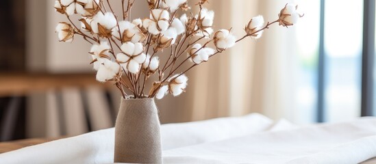 There is a vase with some cotton flowers in it on a table - Powered by Adobe
