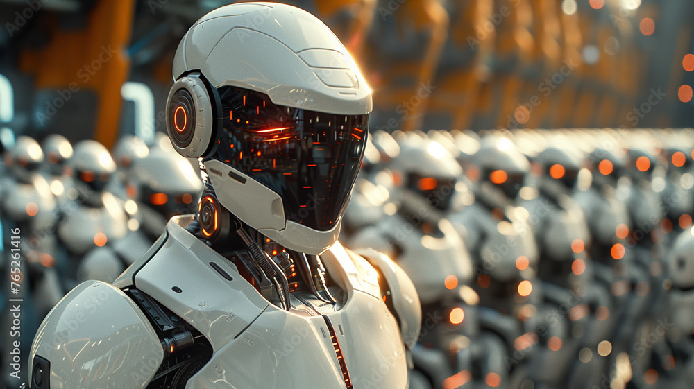 Poster array of ai: illustration showcases mass-produced robots in perfect alignment.
