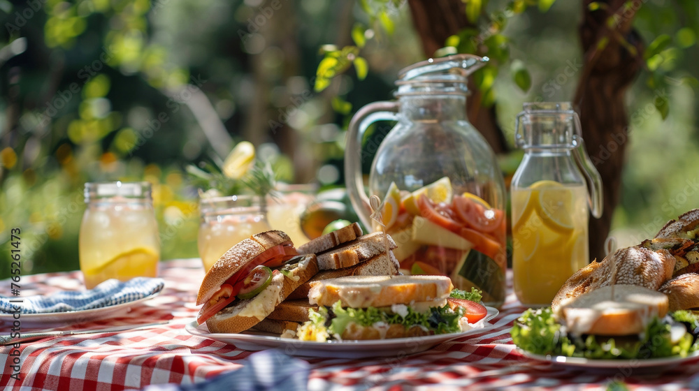 Poster closeup of a table set with a checkered tablecloth plates of sandwiches and a pitcher of lemonade fo