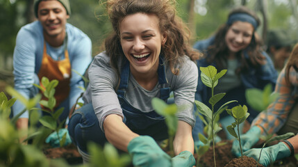 Team planting trees. Environmental care. World environment day. Sustainable concept.