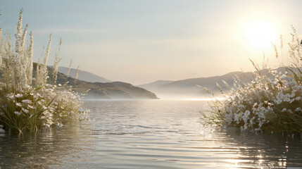 Water Body Surrounded by Grass and Flowers